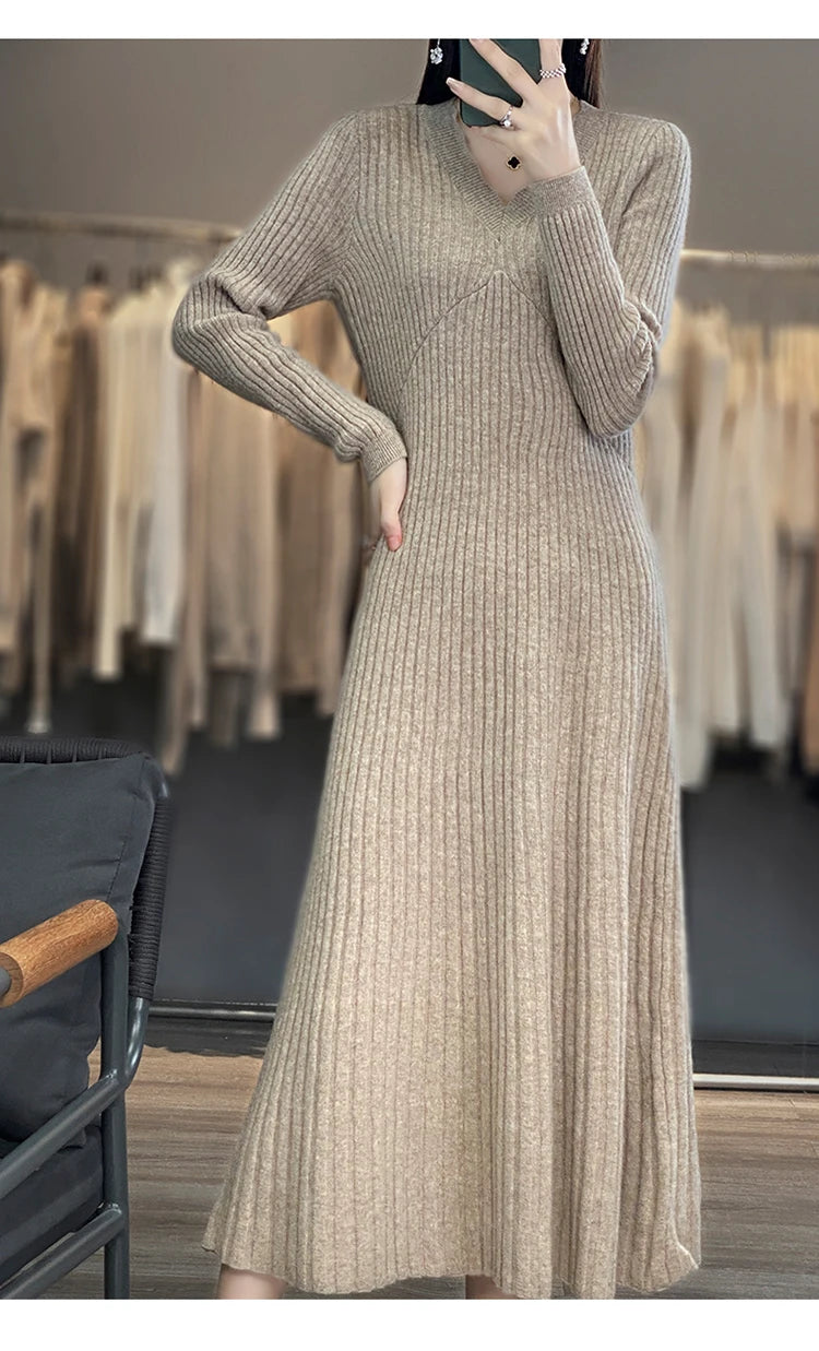 Women’s Mid-Length Knitted Camere Dress – Slimming Base Layer Over-Knee Wrap V-Neck A-Line Gown | Spring & Autumn New