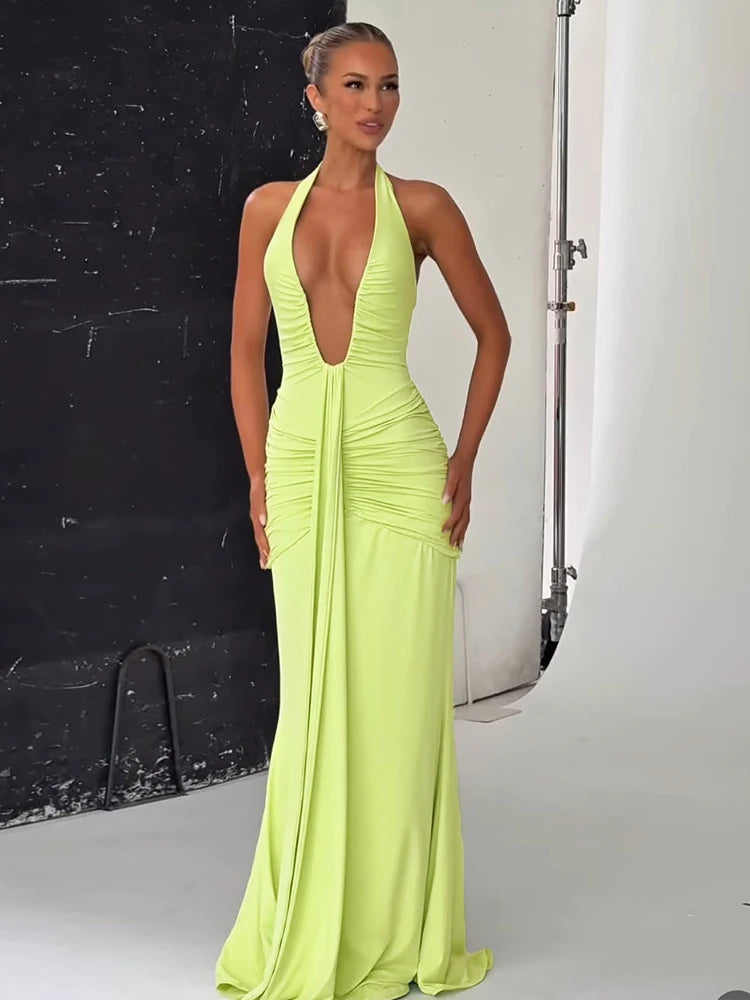 Weird Puss Backless Tassel Dress for Women – Peach Buttock Pleated Halter Sleeveless Party Vestido | Midnight Clubwear