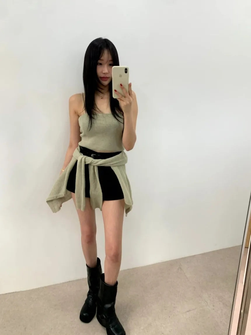Simple round Ne Button up Knit Sweater Strap Set Casual Sle Polyester Fiber Open Cardigan for Women Autumn Winter ential