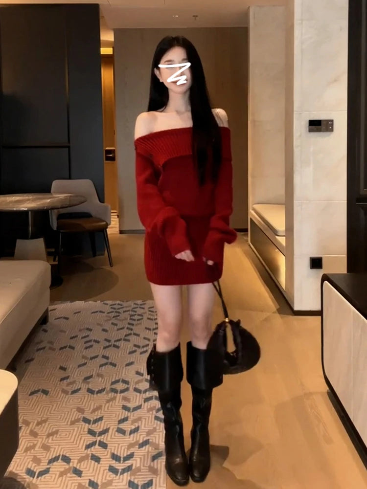 Early Autumn Red Wrap Bodycon Dress for Women 2025 – Knitted Pure Color Slim Fit Waist Dress
