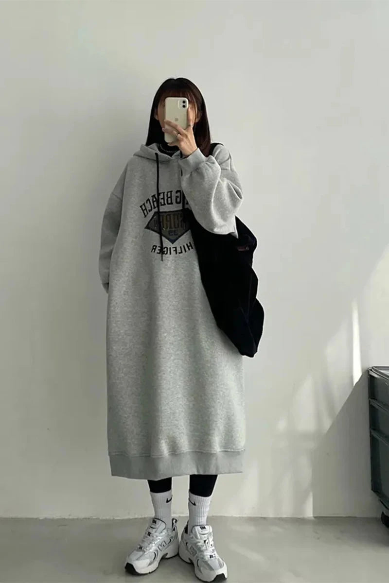 Plus Size Women’s Fleece-Lined Hoodie Dress – Lazy Sleeve Loose A-Line Skirt with Lettering | Autumn & Winter