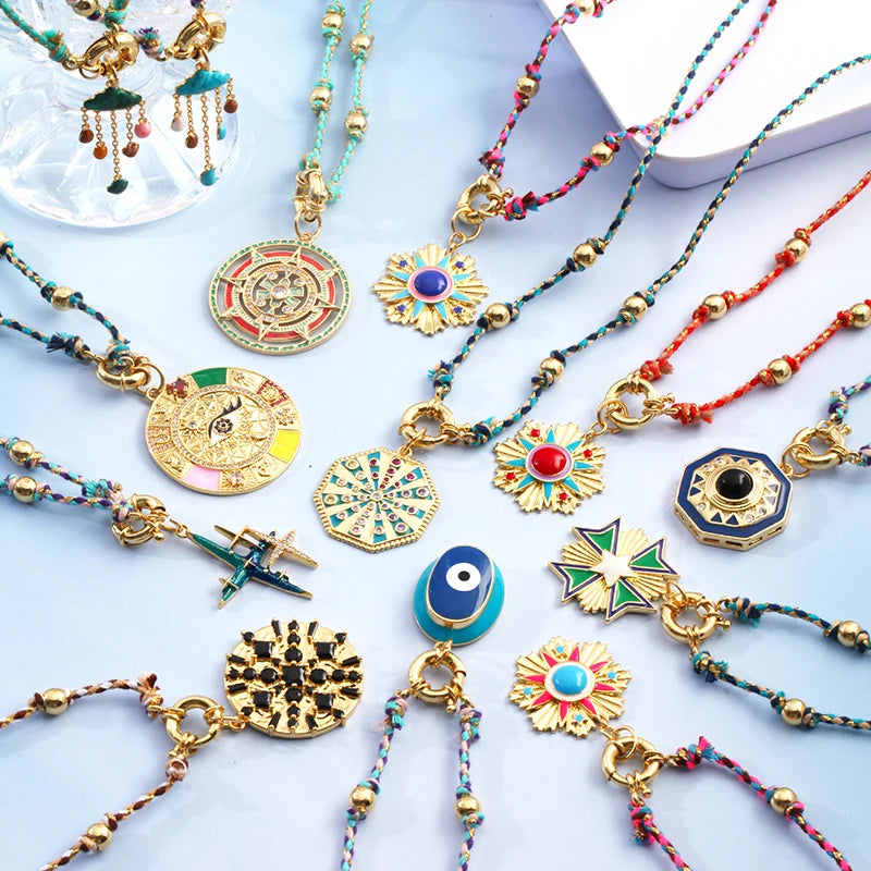 Star Celestial Evil Eye Beaded Necklace Boho Long Knot Cotton Cord Jewelry