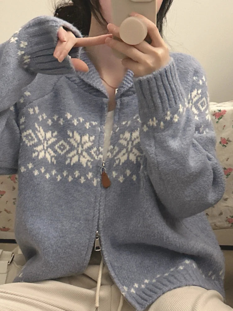 📚 College Style Knitted Sweater Coat for Women 🍂 Double Zipper Loose Fit | Autumn New Arrival Lazy Turn-Down Collar Top 🧥