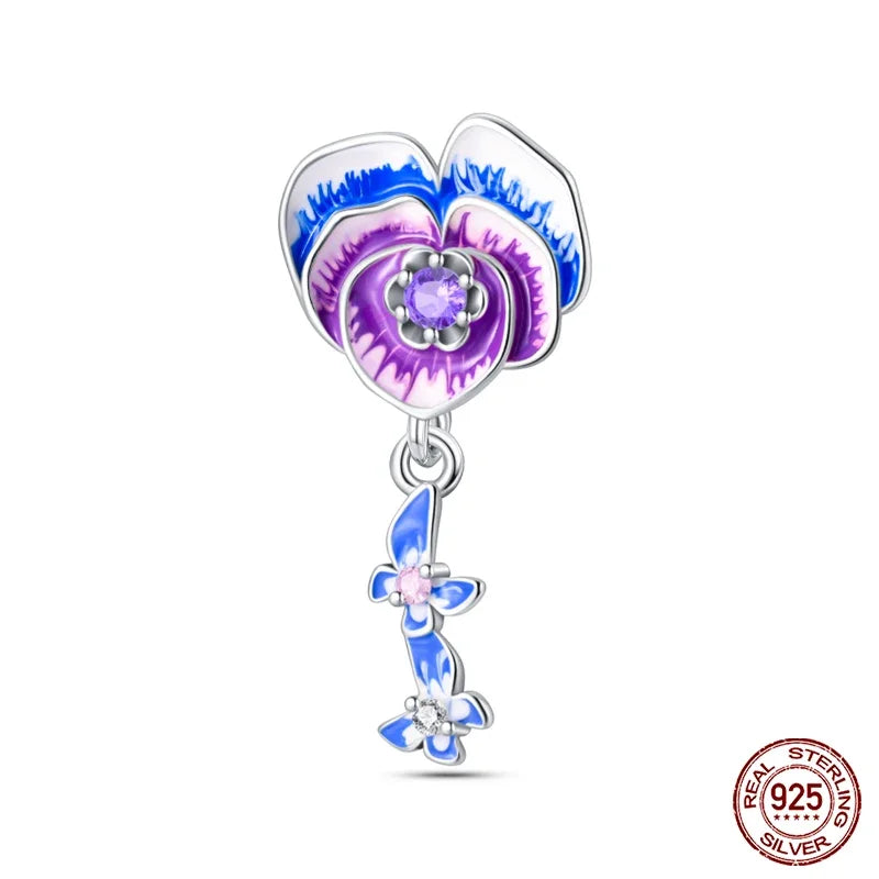 925 Sterling Silver Blue Series Charm | Dragonfly, Butterfly, Bird & Pansy Flower Pendant for 4MM Bracelet