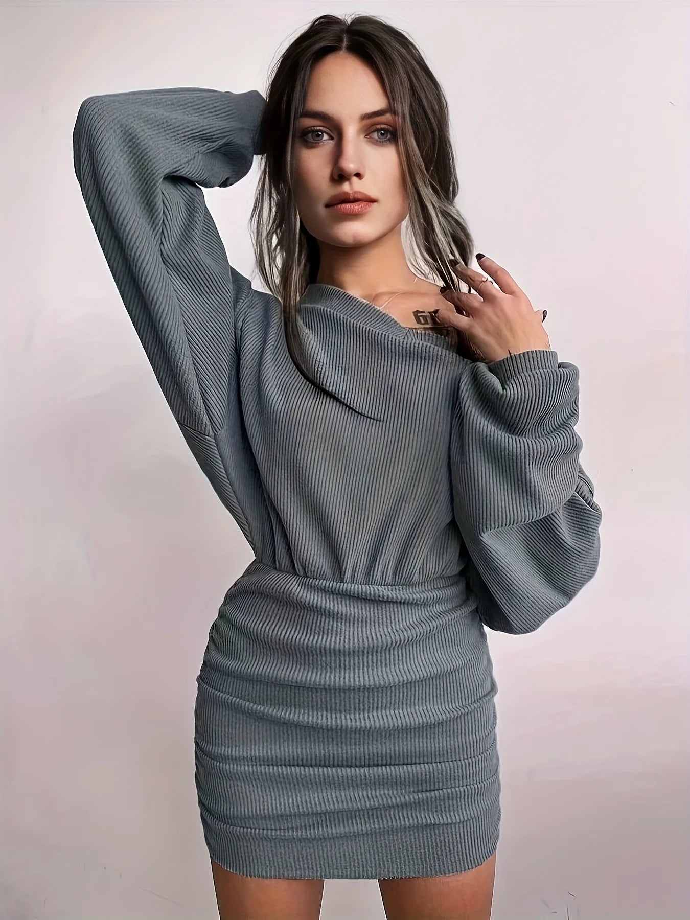 Ruched Bodycon Mini Dress for Women | Sexy V-Neck Long Sleeve Bag Hip Dress | Elegant Party & Night Out Outfit