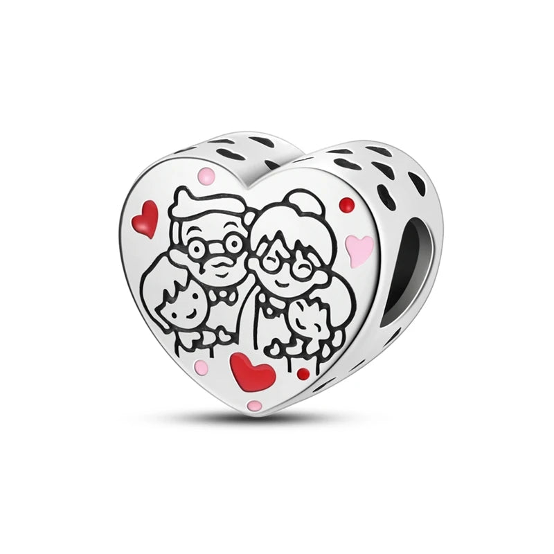 925 Sterling Silver Heart Shaped Warm Family Charm Beads Butterfly Flower Pendant