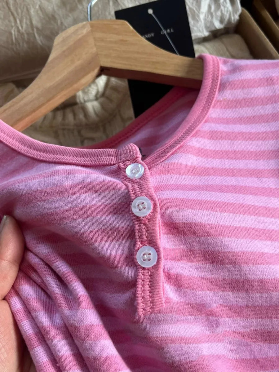 Women’s Pink Striped Slim Long Sleeve Tee | Casual Cotton O-Neck T-Shirt | Sweet Vintage Y2K Top