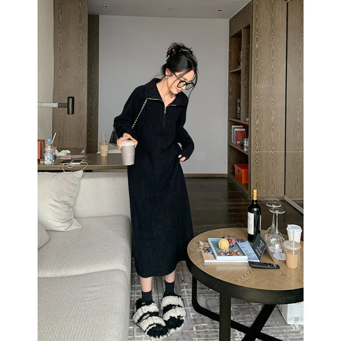 2025 Spring Autumn Knitted Midi Dress for Women | Long Sleeve Loose Fit Base Layer Straight Cut Polyester Dress