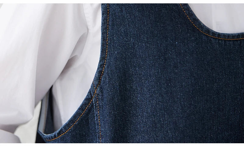 Loose Korean Style Plus Size Denim Vest Skirt – High Waist Over-Knee Slimming Cotton Jeans Corset Casual Dress for Women