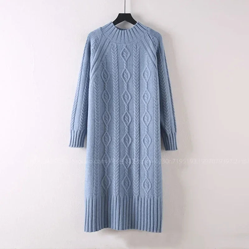 Winter Thicken Plus Velvet Sweater Dress for Women – Fall Mock Neck Rib Knit Midi Dress | Elegant Warm Vestido with Coats