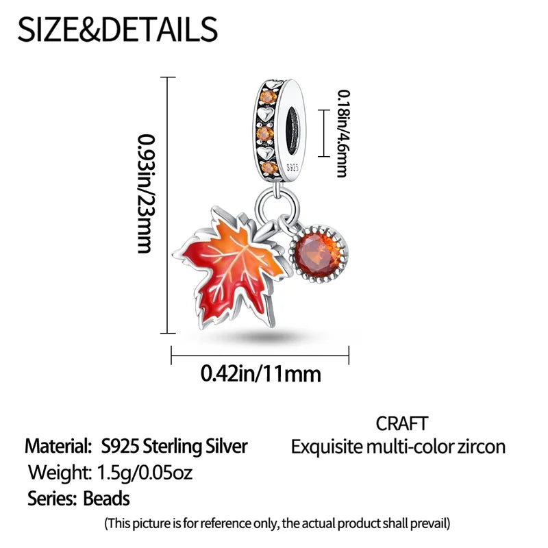 925 Sterling Silver Squirrel & Maple Leaf Charm | Shiny Zircon Autumn Beads Fit Pandora Bracelet DIY Jewelry