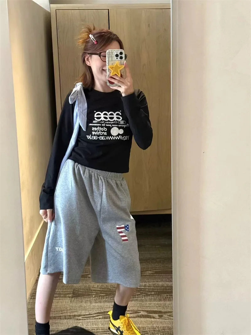 Women’s Slim Fit Round Neck Long Sleeve T-Shirt | Handmade Color Block Letter Print Base Layer Top