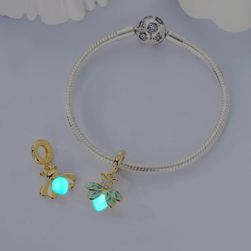 925 Sterling Silver Luminous Golden Firefly Charms | Sparkling Bee & Cat Dangle Beads Fit Original Bracelet DIY Jewelry Gift