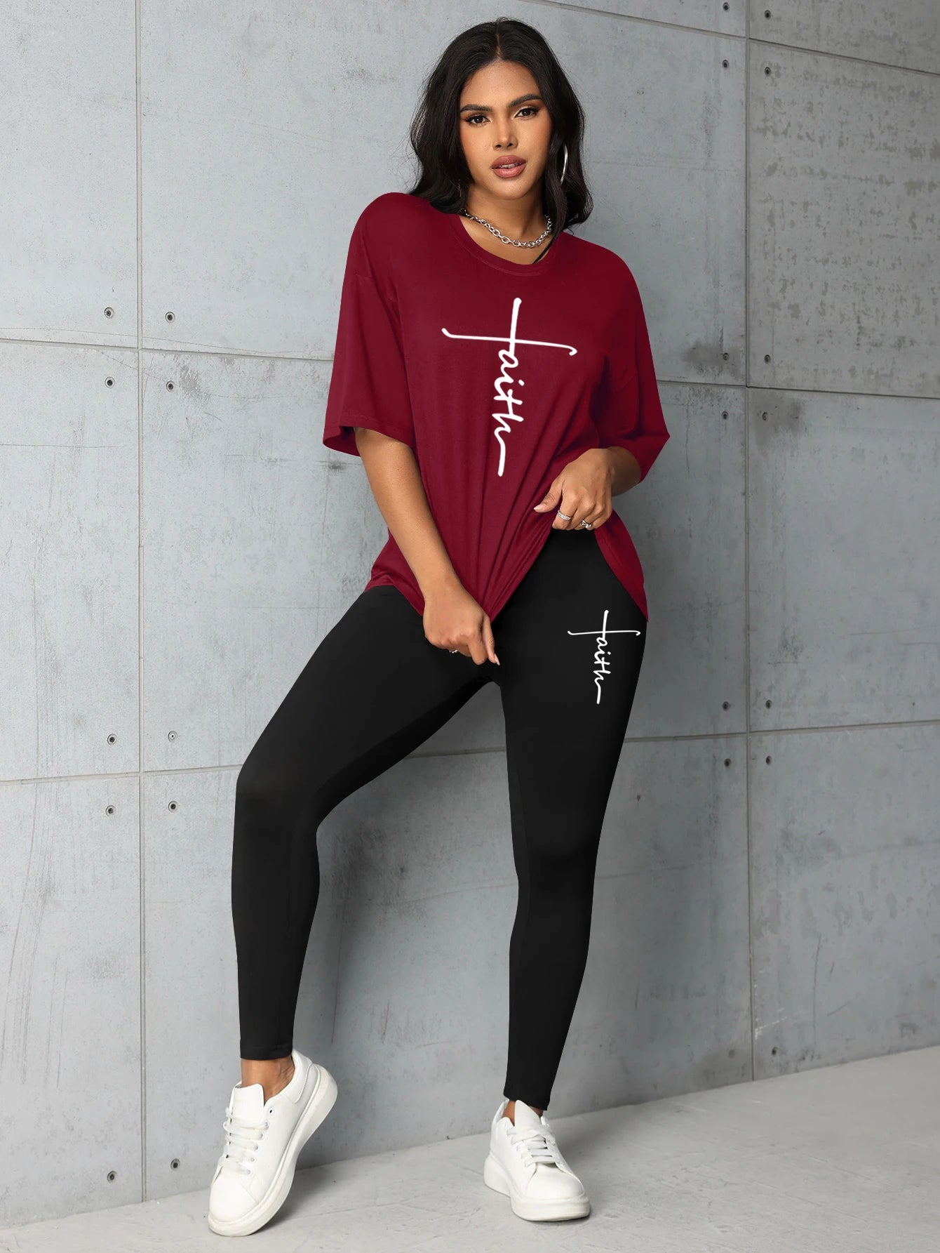 Women’s Summer Faith Letter Print T-Shirt & Leggings Set – Loose Plus Size All-Match Two-Piece Outfit 👕✨