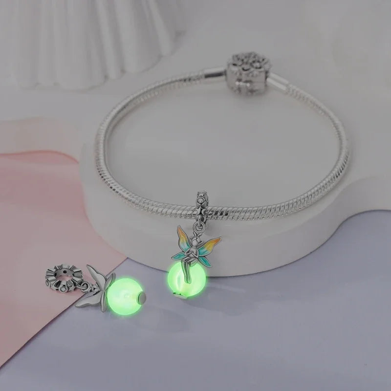 925 Sterling Silver Luminous Fairy Cat Owl Dragon Glass Charm | Original Design Bead for Bracelet DIY Jewelry