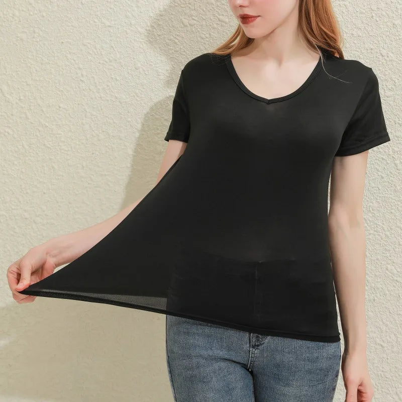 Spring Summer Women V-Neck T-Shirt – Slim Fit Short Sleeve Casual Solid Black & White Ladies Tee Tops
