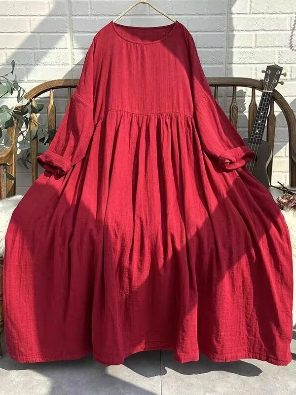 Artistic Vintage Plus Size Women's Long Dress – High Waist Loose A-Line Doll Dress, Ethnic Style Commuter Mid-Length Skirt