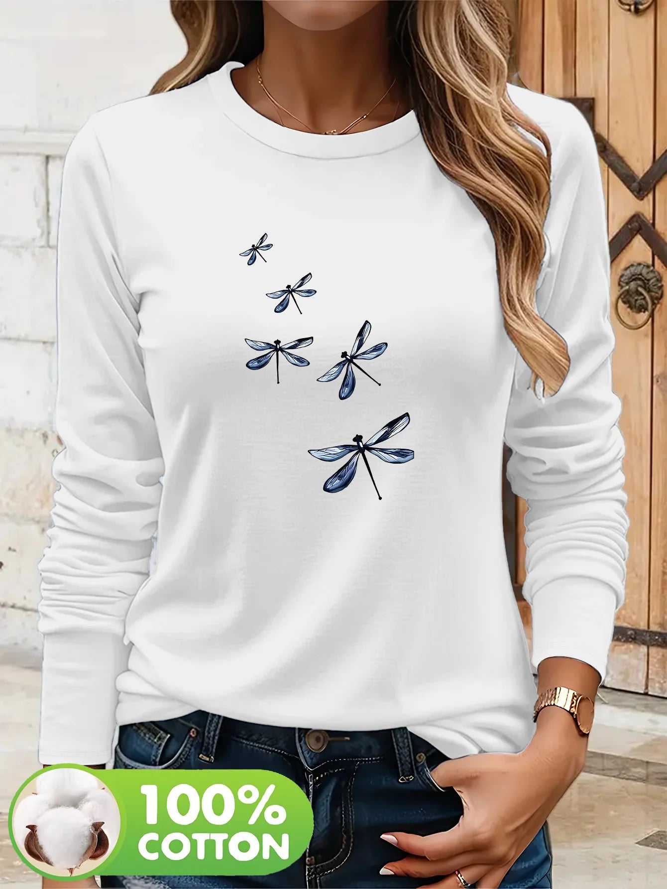 100% Cotton Dragonfly T-Shirt 🦋 Long Sleeve Casual Fall Winter Top ✨
