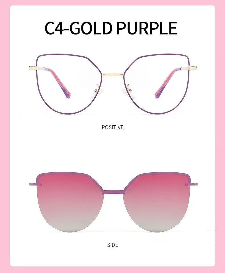 Cat Eye Flip-On Sunglasses for Women – Anti Blue Light Eyeglass Frames with Polarized Magnetic Clip | Ladies Fashion Computer Eyeglasses 7002