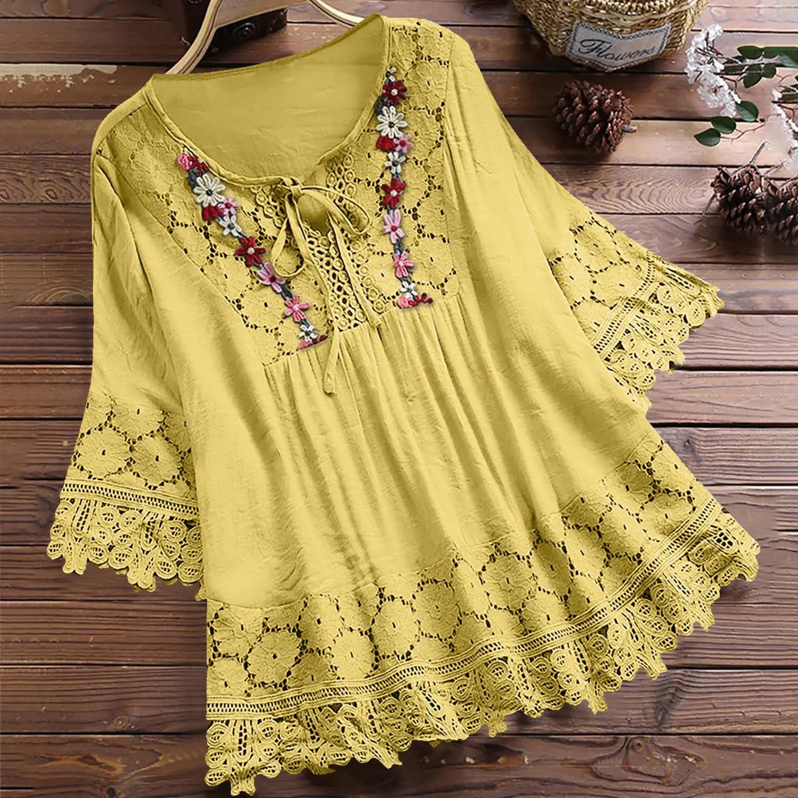 Summer Women Casual V-Neck Blouse – Cotton & Linen Lace Flower Loose Top 🌸☀️