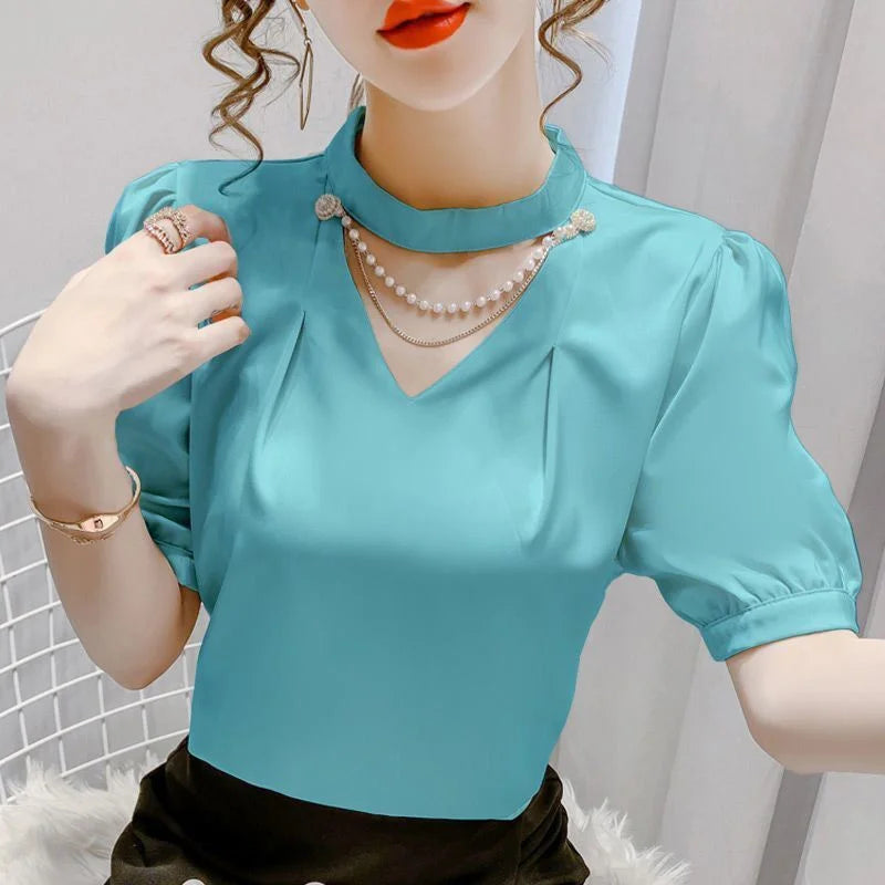Women’s Summer Puff Sleeve O-Neck Blouse – Solid Pearl Casual Fashion Top WY0227 🌸✨