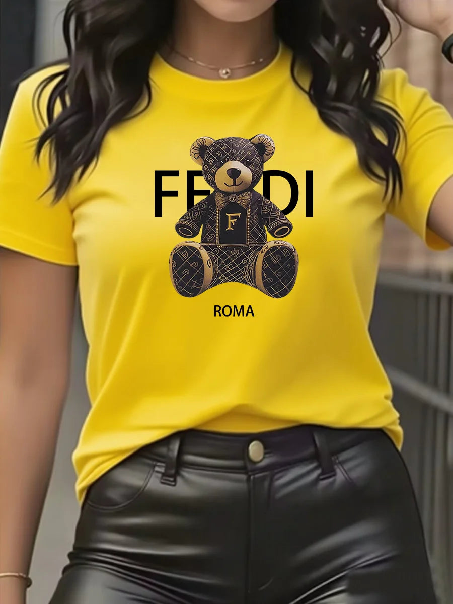 Summer Women’s Teddy Bear Graphic T-Shirt | Light Blue Short Sleeve Casual Crew Neck Top