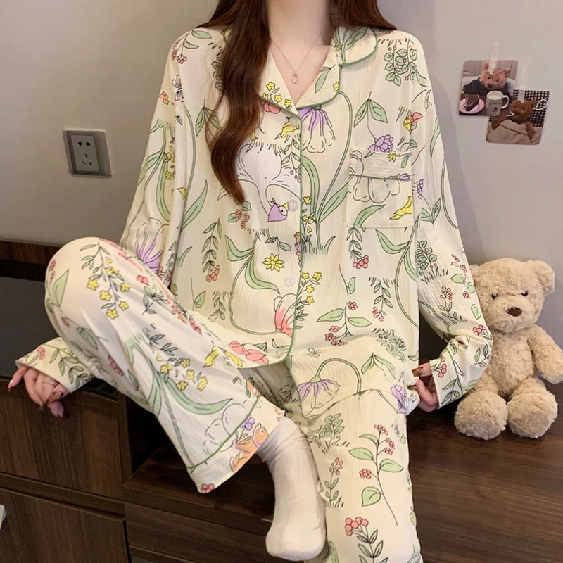 🌸 Pink Bow Pajamas Set for Women 💖 Long Sleeve Top & Elastic Waist Pants 🛌 Harajuku Style Casual Home Wear