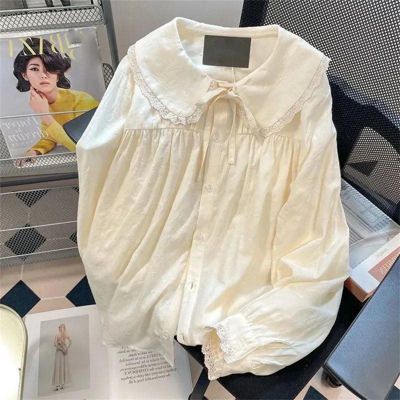 Japanese Style Peter Pan Collar Lace Blouse | Sweet Long Sleeve Loose Button Shirt for Women