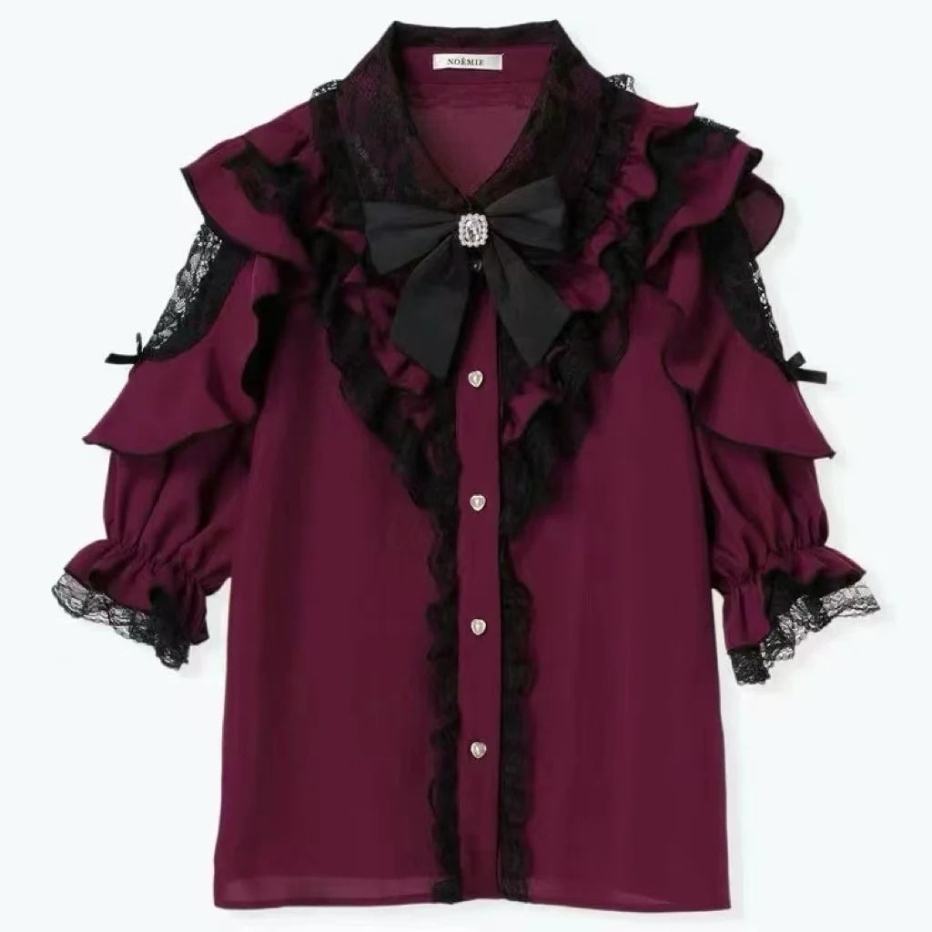 2025 Japanese Kawaii Lolita Lace Blouse | Harajuku Sweet JK Bow Top | Autumn Lightweight Patchwork Shirt for Women