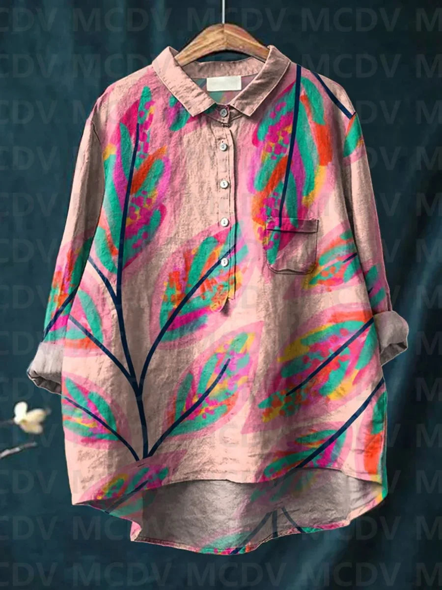 Women’s Cat Print Casual Long Sleeve Shirt – Stand-Up Collar Vintage Indian Ethnic Style Top