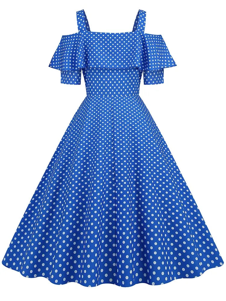 Off-Shoulder Elegant Vintage Party Dress – Women’s Summer Polka Dot Ruffles A-Line Midi Dress