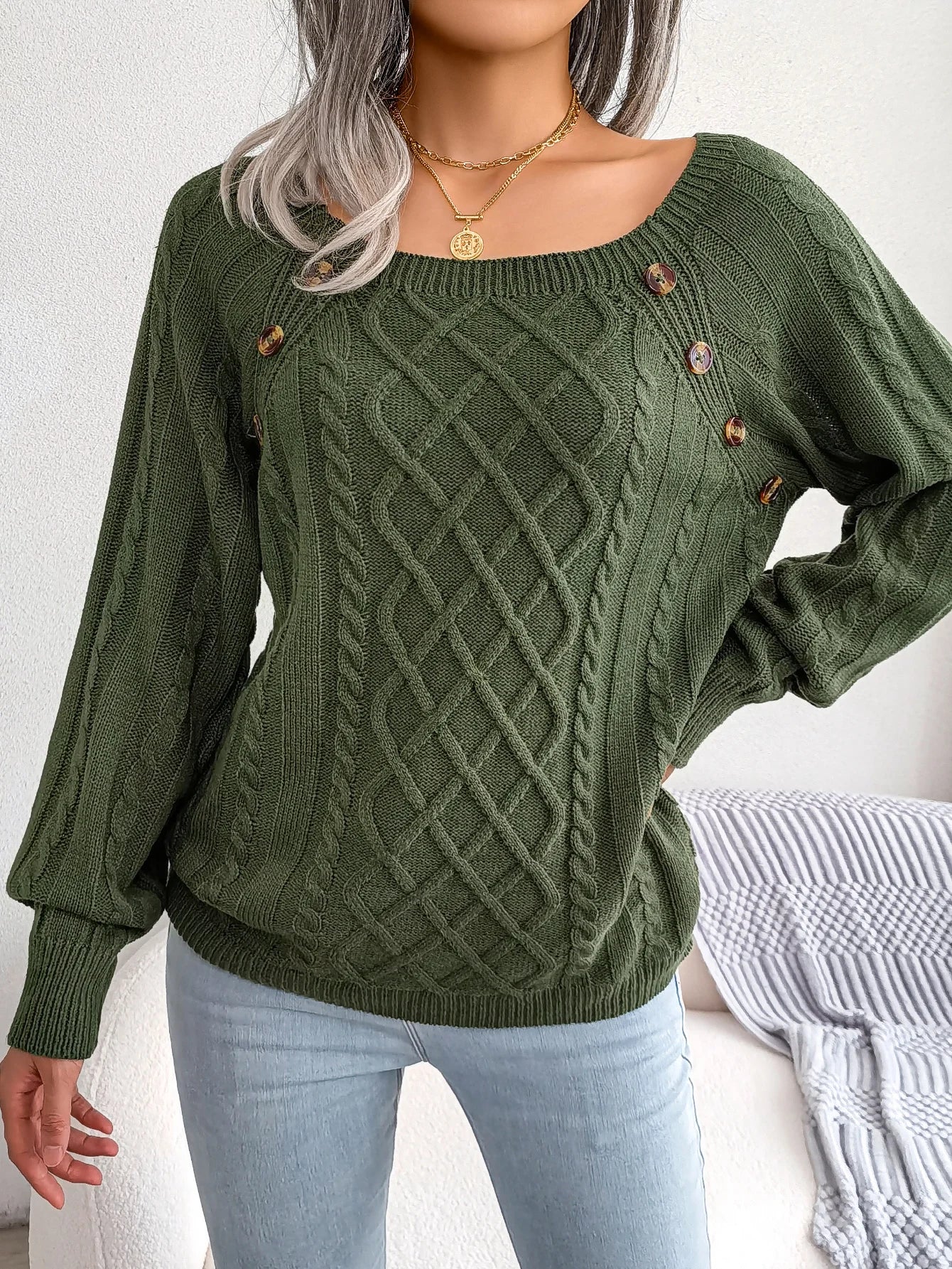 Women’s Casual Square Collar Knitted Pullover Sweater – Long Sleeve Autumn Winter 2025 Top