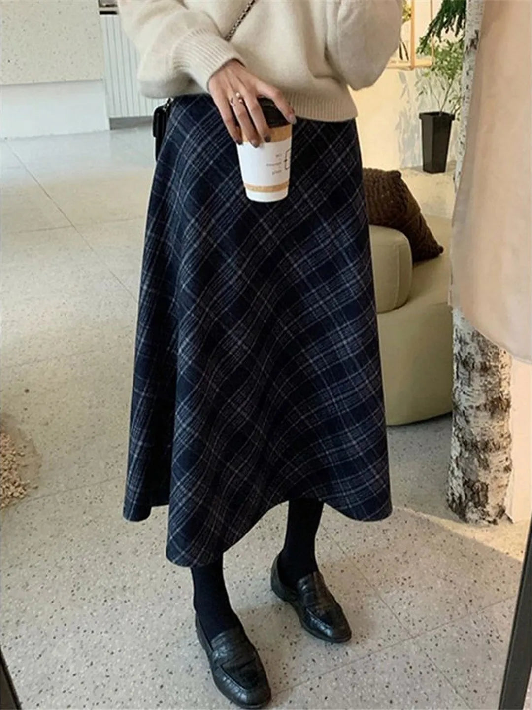 🍂 Retro Plaid Skirt 👗 Women's Autumn Winter New A-Line Umbrella Wrap Mid-Length Small Size Skirt 🌟
