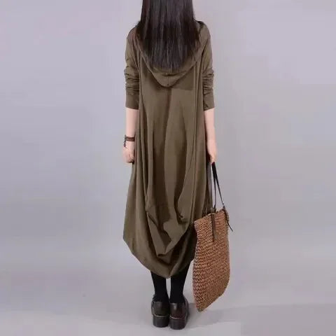 Artistic Loose Midi Dress for Plus Size Women | Autumn Hooded Long Sleeve Polyester Fiber Dress | Casual Commute Fashionable