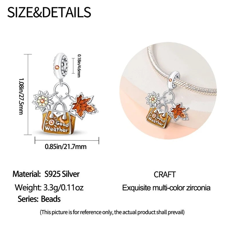 925 Sterling Silver Squirrel & Maple Leaf Charm | Shiny Zircon Autumn Beads Fit Pandora Bracelet DIY Jewelry