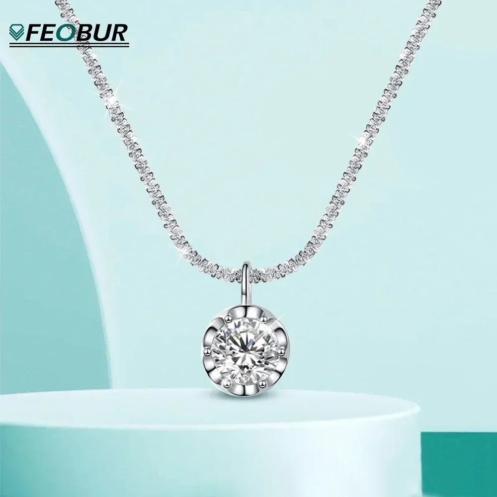 FEOBUR 1/2CT Moissanite Diamond Necklace – 925 Silver Crown Pendant for Women