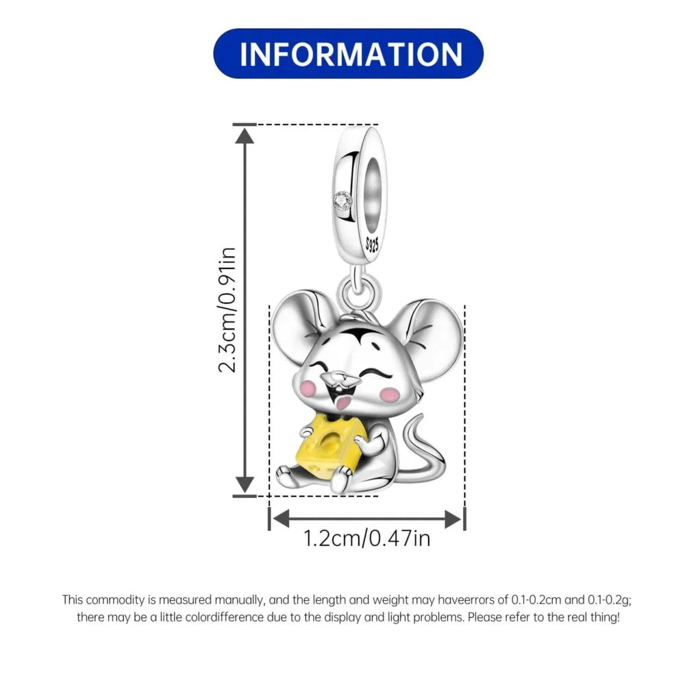 PANPOKI 925 Sterling Silver Cute Mouse Eating Cheese Charm Pendant | Original Bracelet DIY Jewelry Gift for Women
