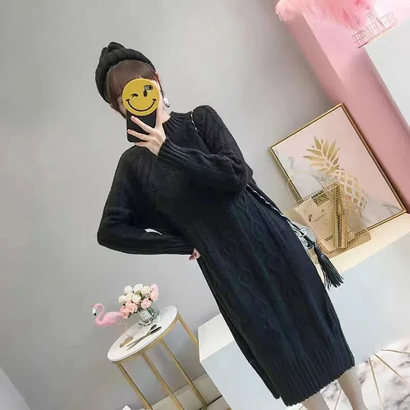 Winter Thicken Plus Velvet Sweater Dress for Women – Fall Mock Neck Rib Knit Midi Dress | Elegant Warm Vestido with Coats