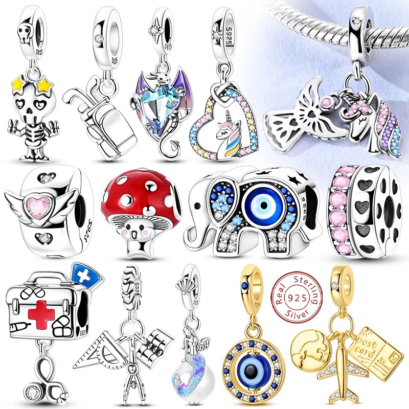 Original 925 Sterling Silver Charms – Mushroom, Unicorn, Wings & Pearl Beads for Women