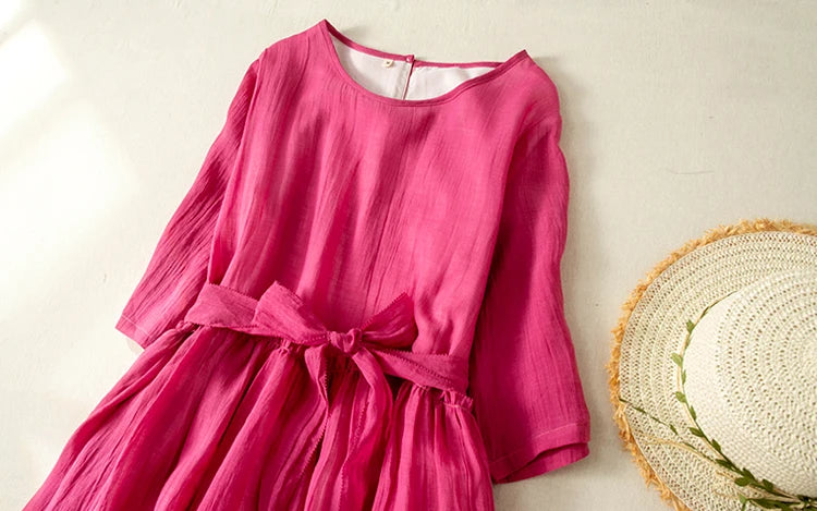 Women’s Summer Lightweight Cotton Dress – Long Sleeve Loose Waist A-Line Retro Dress with Belted Splice
