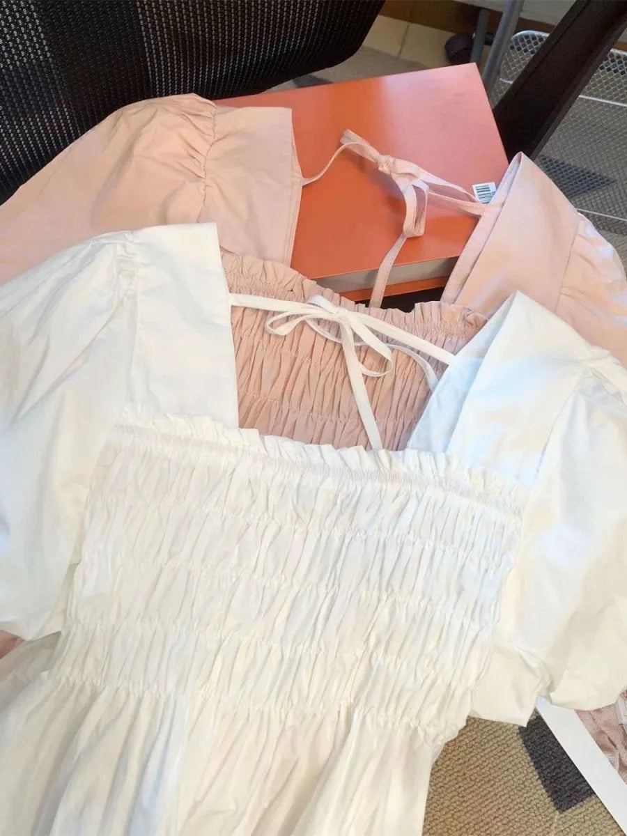 Summer 2025 New Sle Square Collar Pleated ort Sve Doll irt Women Small Size Bubble Sve Chiffon Blouse Top