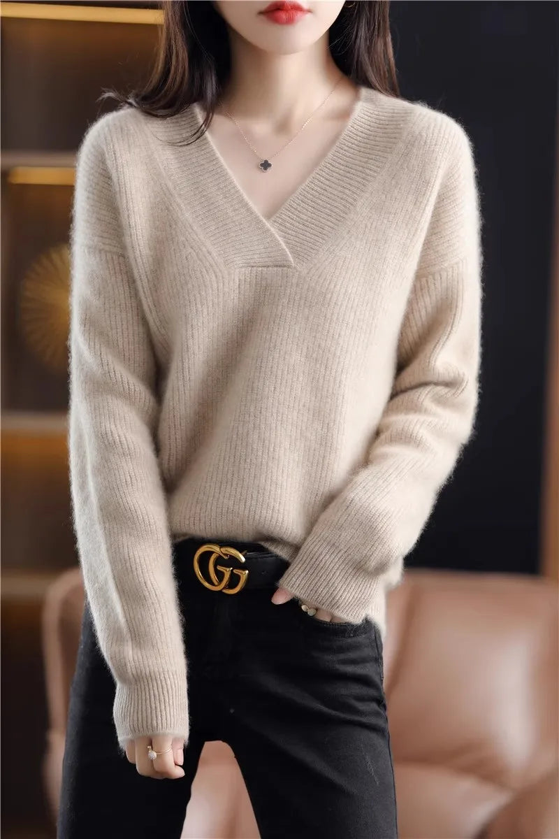Autumn Winter Women’s V-Neck Knit Sweater – Solid Loose Pullover Soft Warm Casual Top