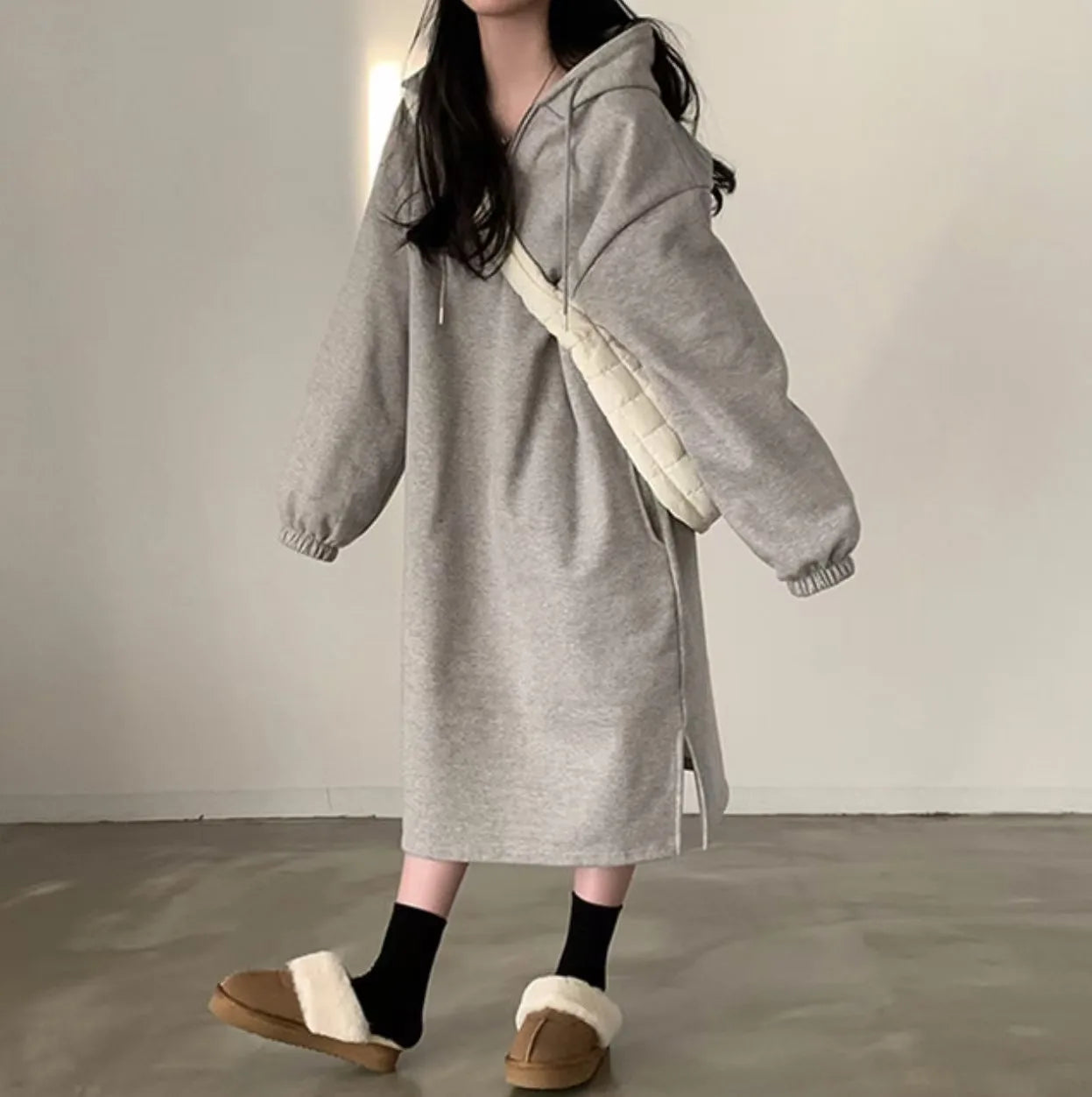 Chic Winter College Long Hoodie Dress ❄️ Lazy Fleece A-Line Side Slit Dress 👗 Pure Color Polyester Fiber 🧵