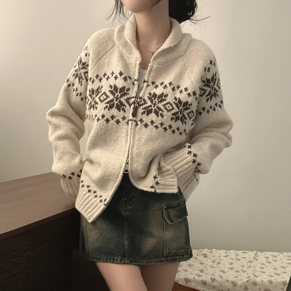 📚 College Style Knitted Sweater Coat for Women 🍂 Double Zipper Loose Fit | Autumn New Arrival Lazy Turn-Down Collar Top 🧥