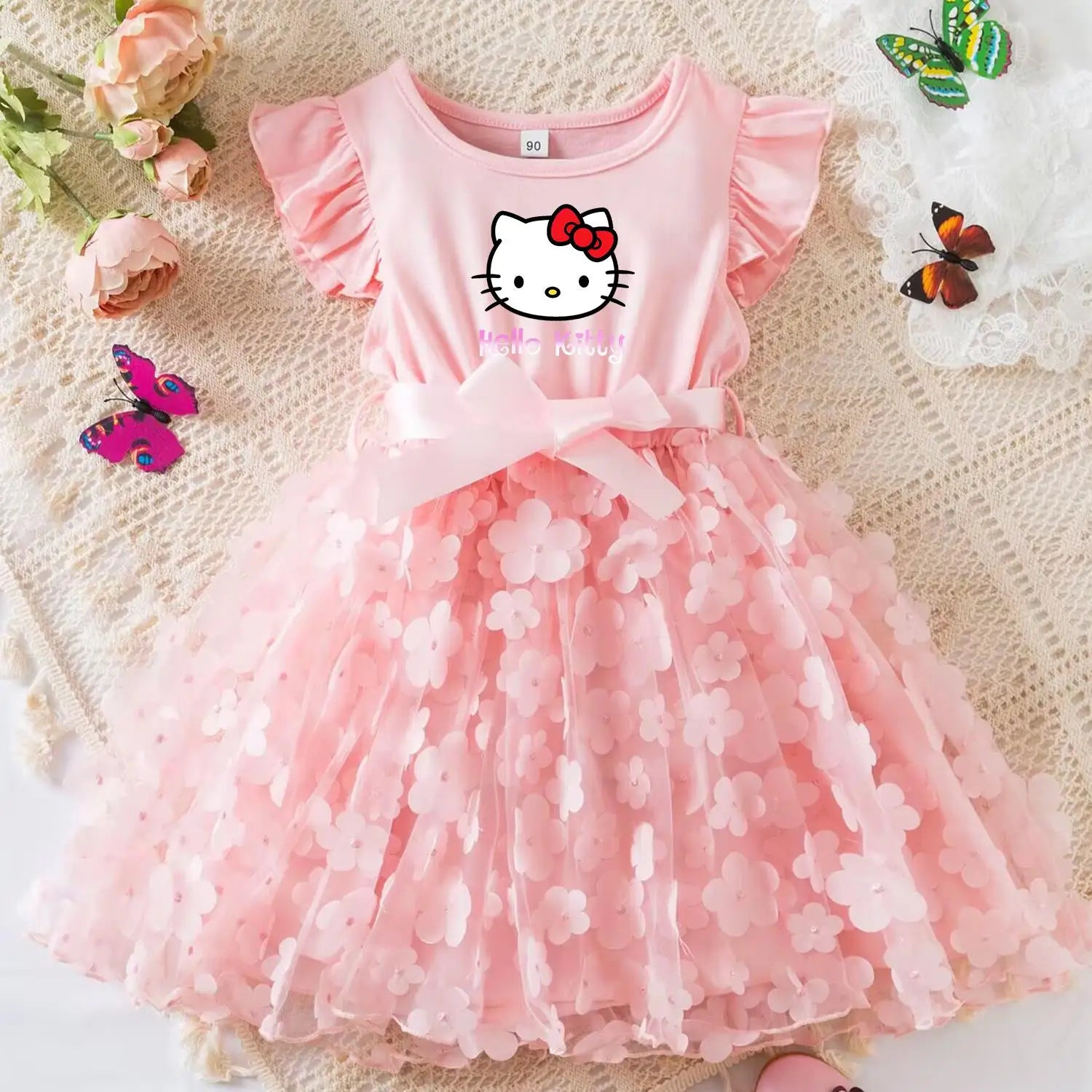 Hello Kitty Girls Tulle Flower Princess Dress | Wedding & Party Tutu Dress | Sleeveless Birthday Gift Outfit