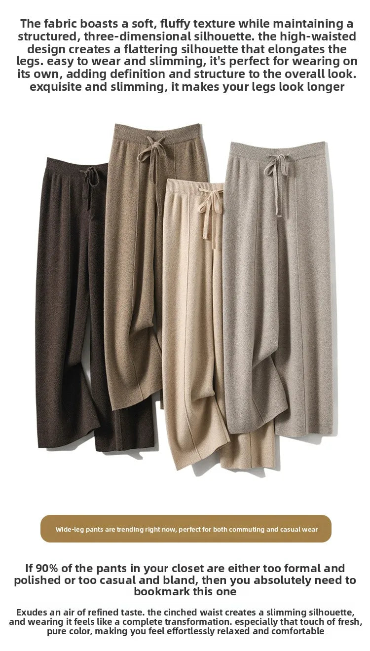 High Waist Knitted Wool Wide Leg Pants – Extended Length Drawstring Casual Loose Slimming Trousers for Autumn & Winter