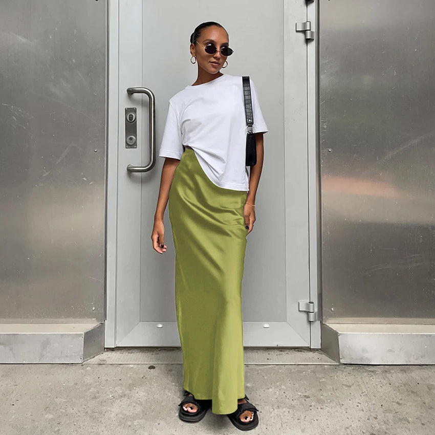 2024 Women’s Fashion Satin High Waist Midi Skirt – Stylish, Chic & Versatile Female Skirt