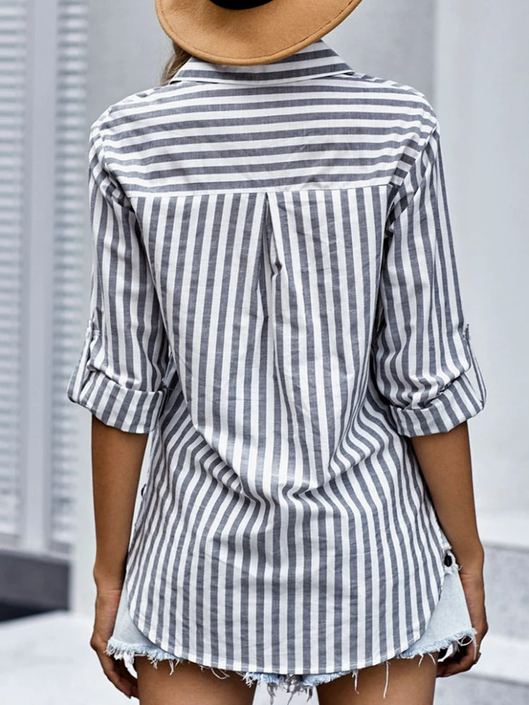 Women’s Striped Single-Breasted Long Sleeve Shirt 2024 – Elegant & Youthful Spring/Summer Blouse 🌿✨