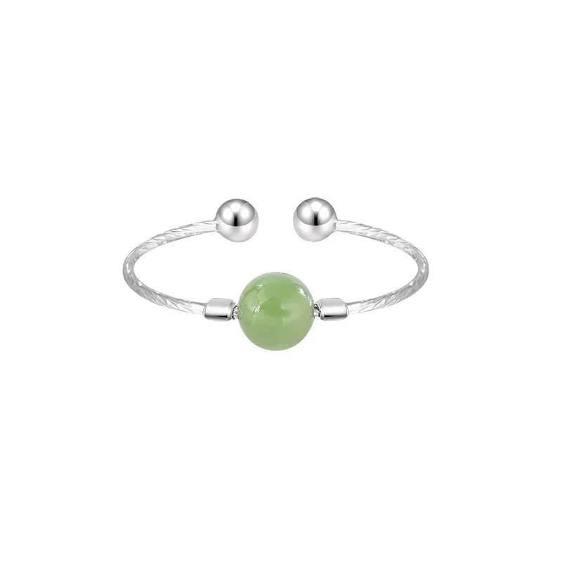 PANJBJ 925 Sterling Silver Hotan Jade Geometric Adjustable Ring | Retro Delicate Jewelry Gift for Women