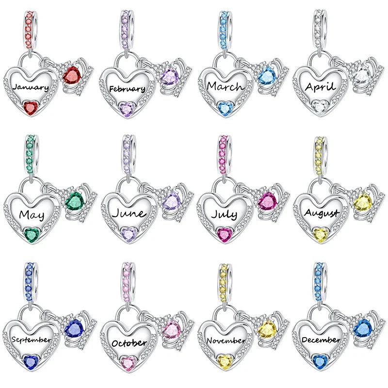 925 Sterling Silver Birthstone Love Pendant Charm | January–December Zircon Bead for Bracelet & Necklace DIY Jewelry Gift